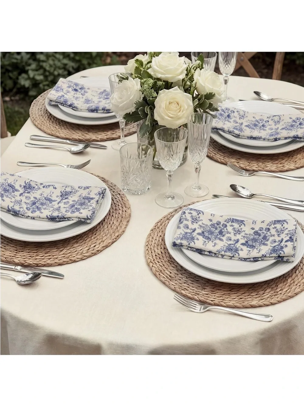 NEW Mindsoft Blue Floral Linen Napkins - Set of 12
